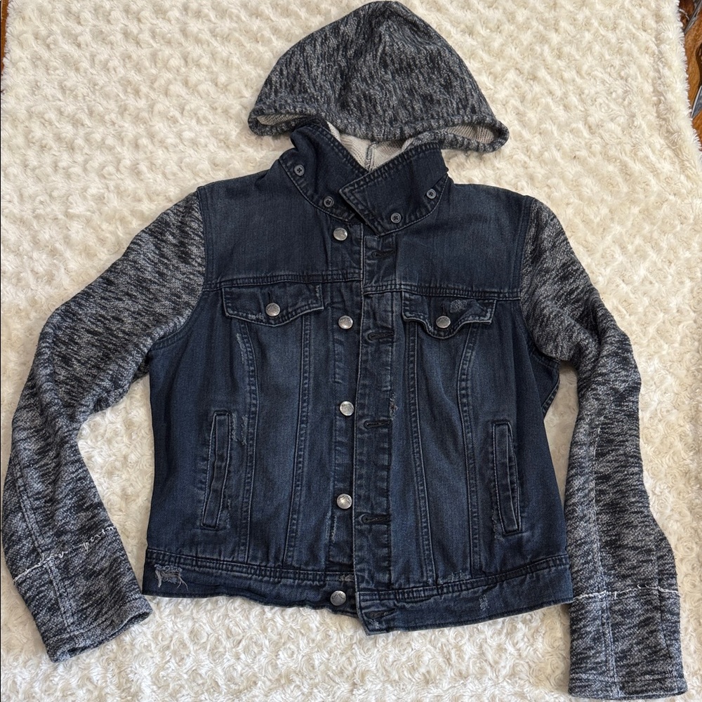 Free People Denim Jacket women medium black distressed faded kint sleeves hooded